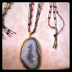 Blue agate and trellis yarn extender necklace